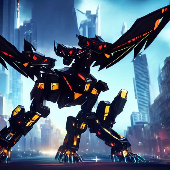 Prompt: cinematic full body shot, of stunning giant beautiful godlike quadrupedal mecha dragon, sharp sleek edged black armor, shining gold accents around the edges, sharp dragon mawshot, sleek OLED blue visor for eyes, sharp metal claws, two massive wings that take up the frame, walking in busy neon city streets, epic shot, full body shot, paw shot, paw art, vore, highly detailed art, sci fi, furry, 8k HD, 3D realistic, warframe fanart, destiny fanart, furry art, dragon art, feral art, macro art, furaffinity, DeviantArt, sofurry