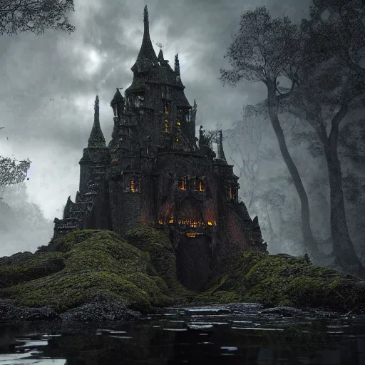 Image similar to full body pose, hyperrealistic photograph of the black castle of rotbog swamp, dim volumetric lighting, 8 k, octane beautifully detailed render, extremely hyper detailed, intricate, epic composition, cinematic lighting, masterpiece, trending on artstation, very very detailed, stunning, hdr, smooth, sharp focus, high resolution, award, winning photo, dslr, 5 0 mm