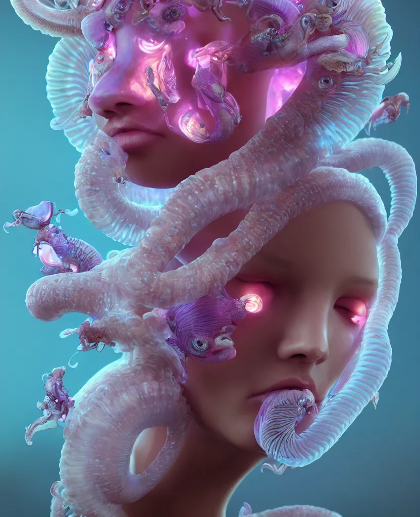 Image similar to goddess princess beautiful face close-up portrait ram skull zbrush sculpt. jellyfish phoenix head, nautilus, orchid, skull, betta fish, bioluminiscent creatures, intricate artwork by Tooth Wu and wlop and beeple. octane render, trending on artstation, greg rutkowski very coherent symmetrical artwork. cinematic, hyper realism, high detail, octane render, 8k