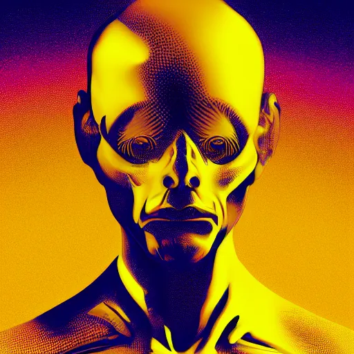 Image similar to human man that resembles a wasp morh in surreal sketch style, blue and yellow gradient, noise, ultrafine detail, hd 8k, logo illustration