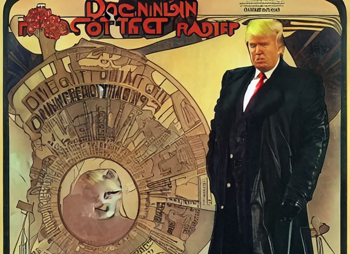 Prompt: film still donald trump wearing leather coat as a detective in blade runner, 8 k by alphonse mucha