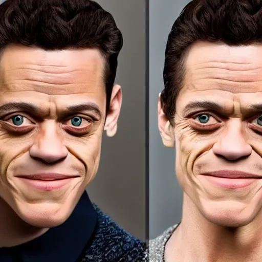 Image similar to studio portrait photography of rami malek morphing into willem dafoe with creepy smile, highly detailed