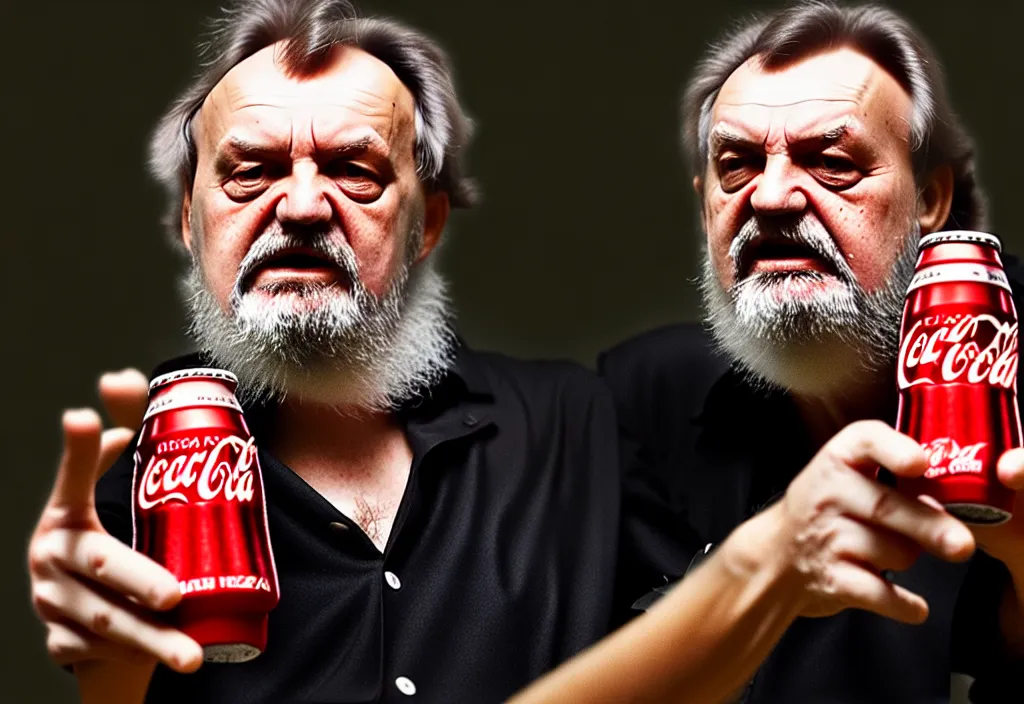 Image similar to hdr photo of slavoj zizec discussing how a coca - cola bottle is ideology, hd, sharp focus, dramatic lighting, sniffing his finger, cinematic composition