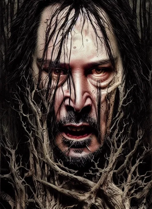 Image similar to highly detailed horror movie poster with angry creepy keanu reeves as a tree, keanu reeves faces in the bark of many trees sentient leafy catastrophe by greg rutkowski, masterpiece, really funny, 1 0 / 1 0 creepy