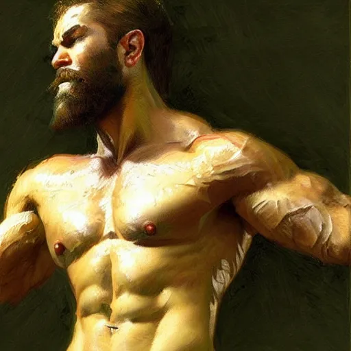 Image similar to young warrior marching, male, muscular, green eyes!!!!, straight nose!!!!!, beard, detailed face, thighs!!!!! gorgeous, amazing, muscular, intricate, highly detailed, painting by Gaston Bussiere, Craig Mullins