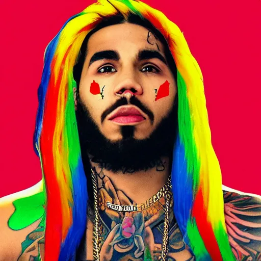 Prompt: jesus as the rapper 6 ix 9 ine, tatoos on face, golden chains