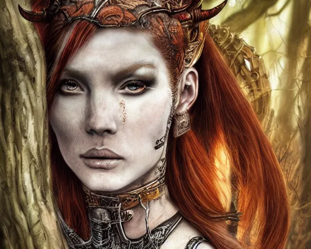 Image similar to 5 5 mm portrait photo of an armored gorgeous anesthetic redhead woman warrior with a face tattoo and horns growing from her head, and dragon sitting on her shoulder in a magical forest in the style of stefan kostic, art by luis royo. highly detailed 8 k. intricate. lifelike. soft light. nikon d 8 5 0. cinematic post - processing