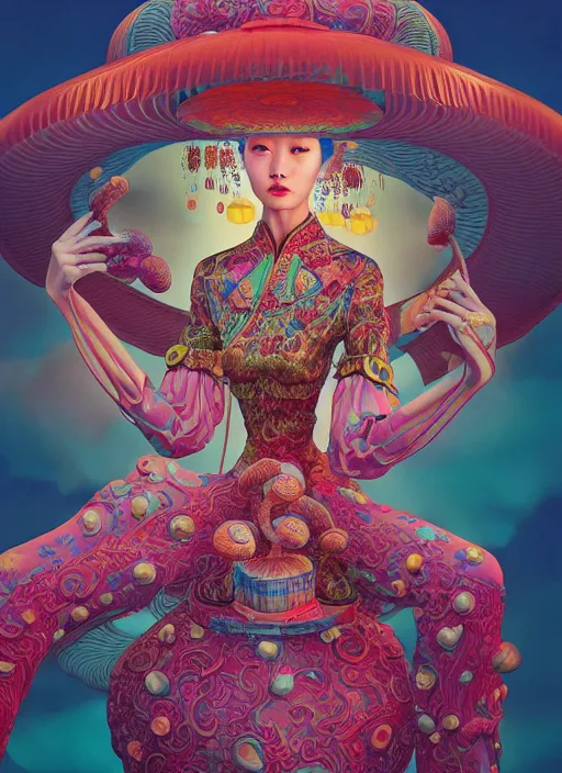 Prompt: pretty chinese model with hallucination mushroom : : by martine johanna and simon stalenhag and chie yoshii and casey weldon and wlop : : ornate, dynamic, particulate, rich colors, intricate, elegant, highly detailed, centered, vogue, fashion magazine, smooth, sharp focus, octane render, 8 k