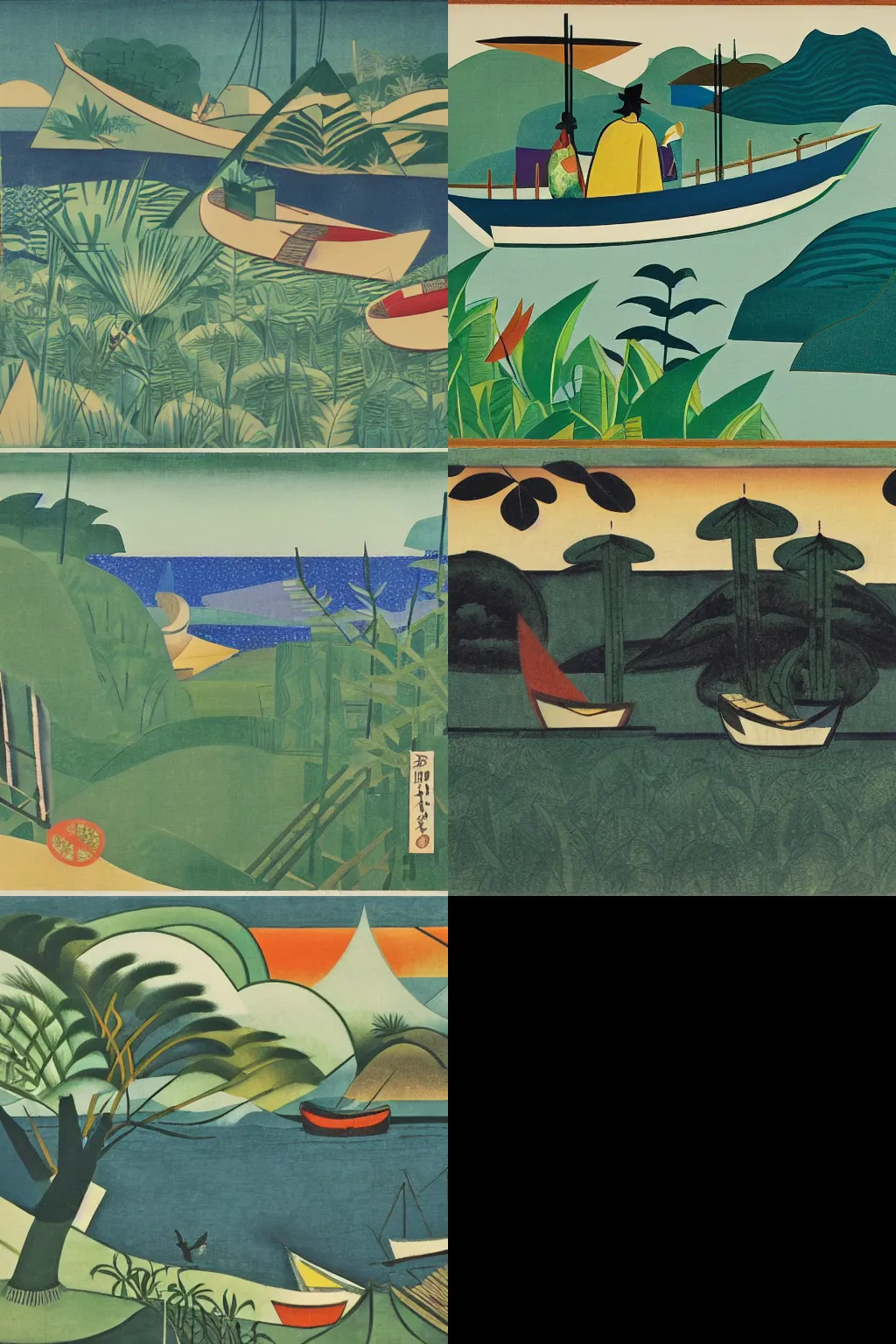 Prompt: a boat sitting on top of a lush green forest, an art deco painting by Romare Bearden, behance, synthetism, ukiyo-e, matte drawing, picasso