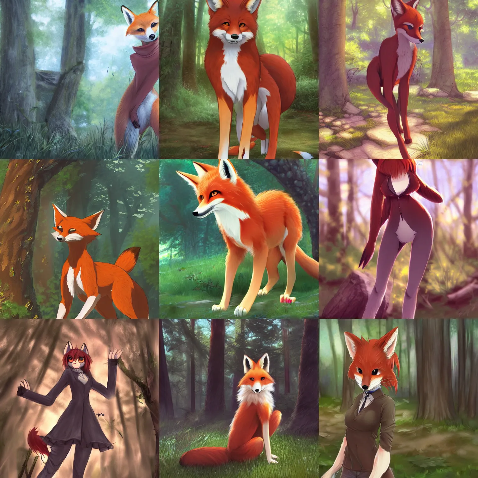 Prompt: furry art, female anthro fox standing in a forest, fursona commission, photorealistic, anime key visual, pixiv, makoto shinkai, hibbary, dark natasha, goldenwolf, furaffinity