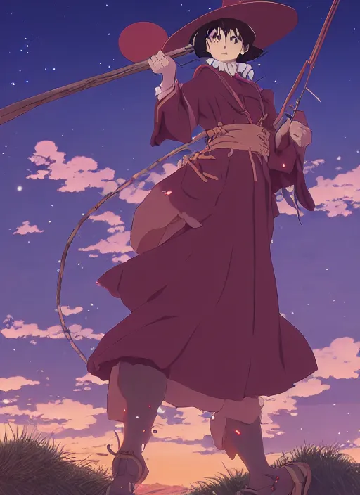 Image similar to key anime visual portrait of an adult witch defending a camp, dynamic pose, cinematic, film grain, designed by yoh yoshinari, detailed, intricate, at night