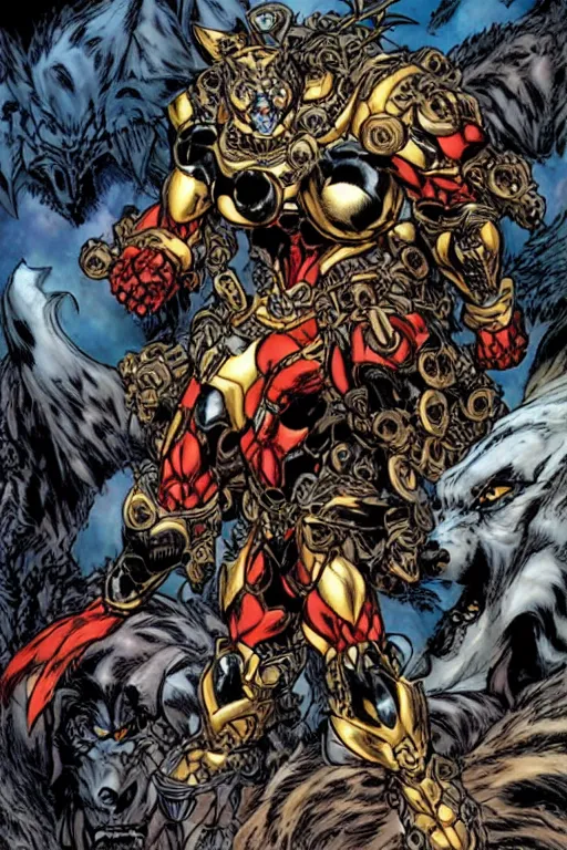 Image similar to A full body portrait of a new antihero character with a metal wolf mask art by Joe Madureira and Marc Silvestri, 4k, detailed, ominous, mysterious