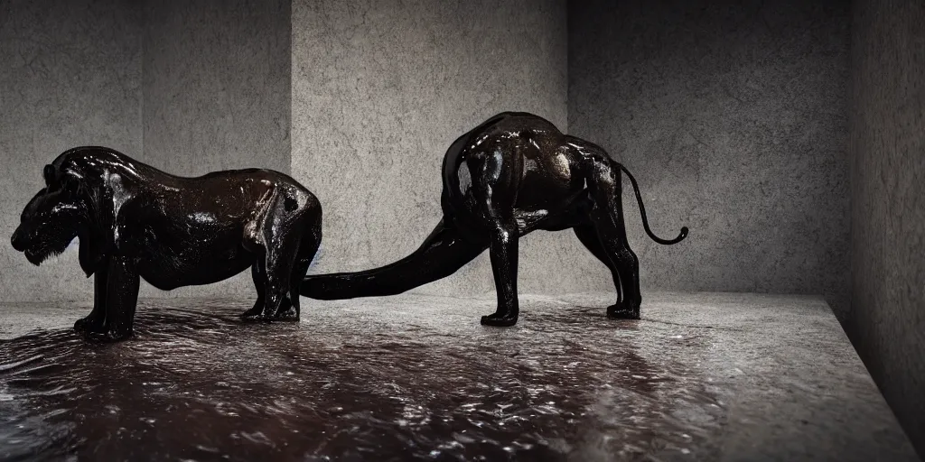 Prompt: the black lioness made of tar, bathing in the bathtub filled with tar, dripping tar, drooling goo, sticky black goo, photography, dslr, reflections, black goo, rim lighting, modern bathroom, hyper realistic, 8 k resolution, unreal engine 5, raytracing