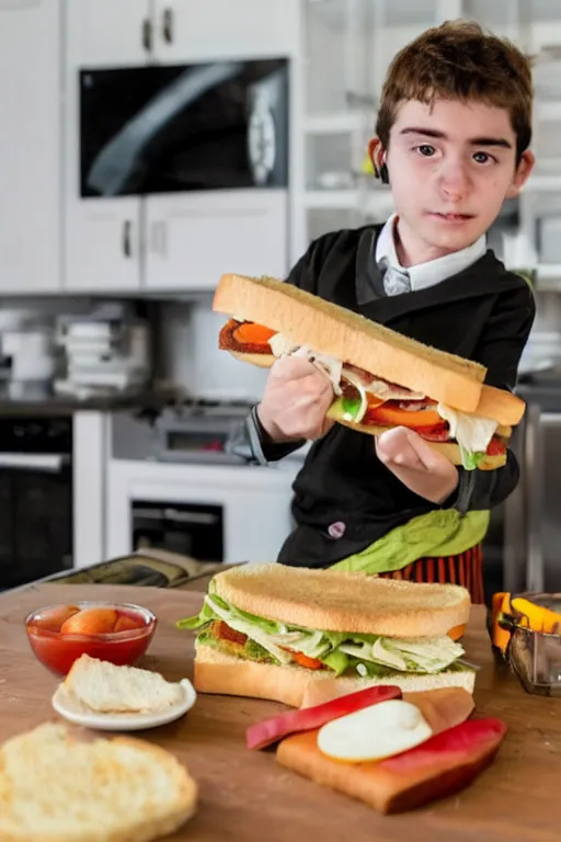 Image similar to a schoolboy in a Guy Fawkes mask makes sandwiches on the kitchen table