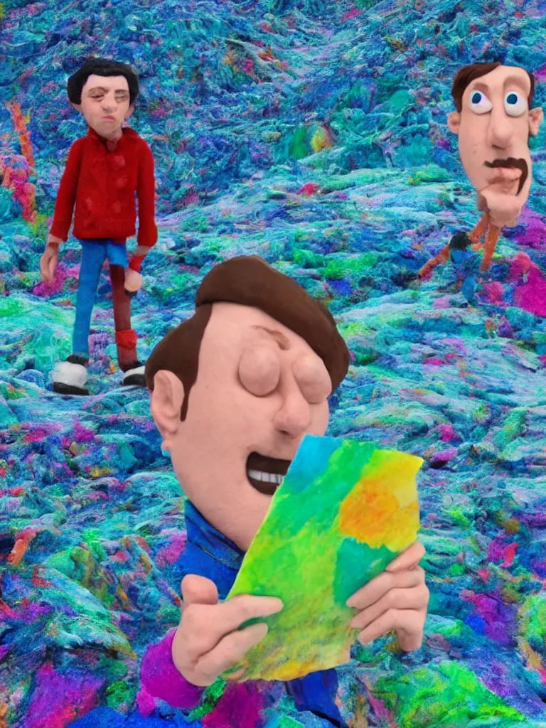 Image similar to a portrait of a young english man holding a colorful blotter paper of lsd acid and dreaming psychedelic hallucinations in the vast icy landscape of antarctica, in claymation style, 8 k,