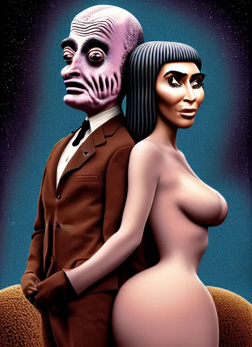 Prompt: detailed image of a creepy Mister Bean and kim kardashian portrait, love, romantism, deep cave in the deep space by richard corben, rich deep colors. masterpiece . intricate artwork, very coherent symmetrical artwork, cinematic, hyper realism, high detail, octane render, unreal engine, 8k, Vibrant colors, Smooth gradients, High contrast, depth of field. by Katsuhiro Otomo, by Bekzinski, full body character drawing, inspired by Evangeleon, clean ink detailed line drawing, intricate detail, extremely detailed.