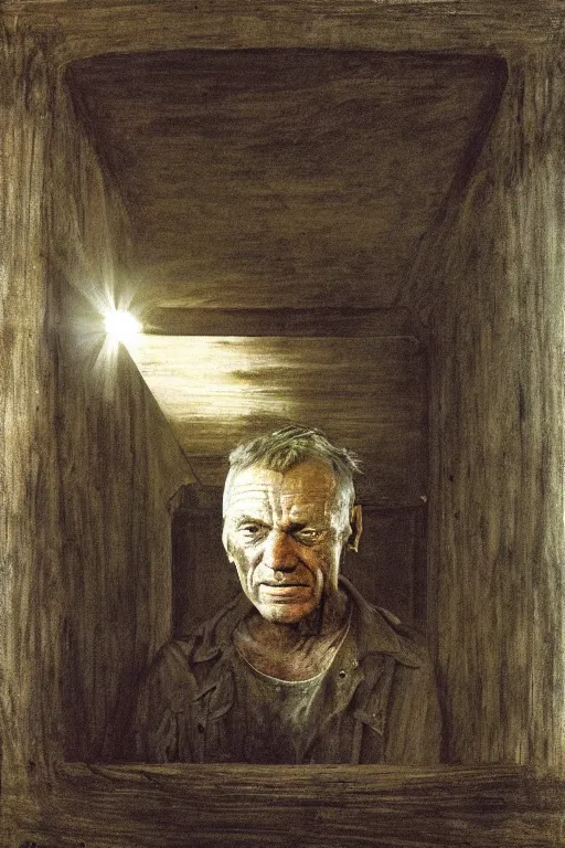 Image similar to Andrew Wyeth artwork, A man with a wooden box under his arm stands inside a dark tunnel, looking up with an expression of horror