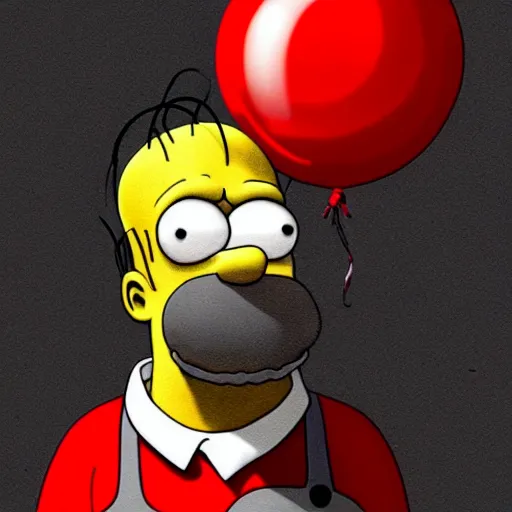 Image similar to surrealism grunge cartoon portrait sketch of homer simpson with a wide smile and a red balloon by - michael karcz, loony toons style, chucky style, horror theme, detailed, elegant, intricate