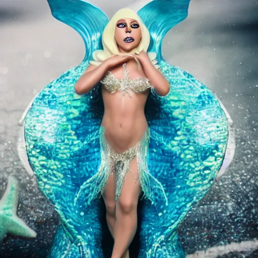 Image similar to photo of lady gaga as a mermaid superstar, very detailed, full body shot, 50mm dslr, f/5.6