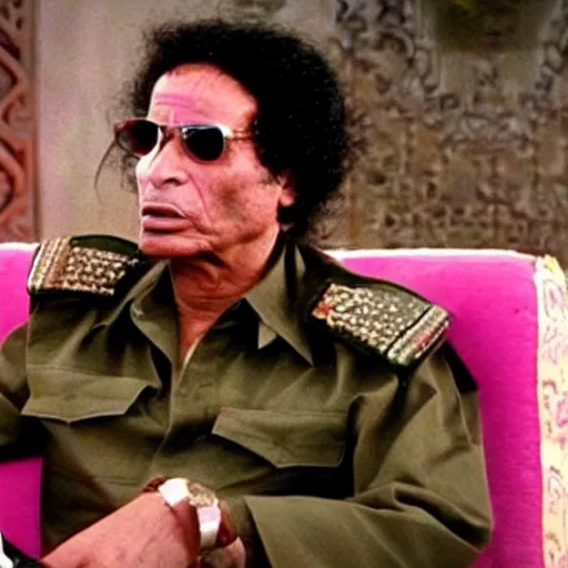 Image similar to A movie still of Muammar Gaddafi wearing a pink dress in Mean Girls