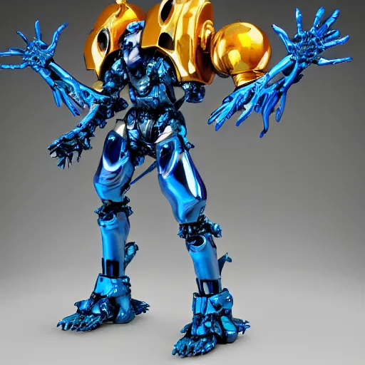 Image similar to drippy liquid metal combat mecha, gouf evangelion, bismuth mechanical exoskeleton wearing hardsurface armour holding scifi weapons, sculpted by spider zero, jeff koons, chihuly, trending on artstation # chihuly # evagelion # chihuly