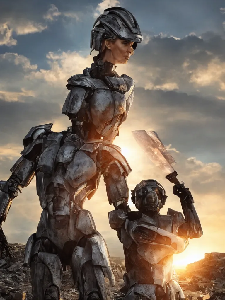 Image similar to emily blunt in futuristic power armor, close up portrait, solitary figure standing atop a pile of rubble, holding a sword on her shoulder, sunset and big clouds behind her