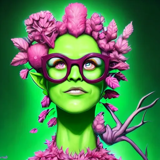 Prompt: An evil beautiful green-skinned female dryad with a giant pink flower instead of hair, as a mad scientist wearing a lab coat, big glasses, smug grin expression. big pink flower petals, green plant-like skin. Comic book supervillain art, ultra HD high detail sharp detail character design high-quality digital art trending on artstation