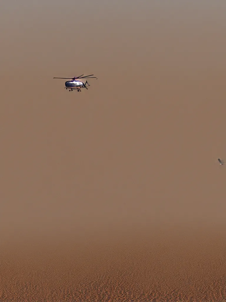 Image similar to close up! photo of helicopter flying over a sand hills covered in dust, desert environment, extremely detailed matte painting by jeremy geddes, featured on cg society, video art, reimagined by industrial light and magic, anamorphic lens flare, # vfxfriday