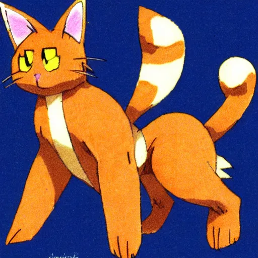 Image similar to an anime drawing of a tan cat with blue eyes and black feet, by ken sugimori in 1 9 9 8, for pokemon red and blue.