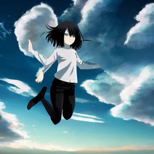 Image similar to 1 7 - year - old pale - skinned anime girl with black long bob cut, long bangs, black gothic jacket, black jeans, flying through sky, jumping through clouds, late evening, blue hour, cirrus clouds, pearly sky, ultra - realistic, sharp details, subsurface scattering, blue sunshine, intricate details, hd anime, 2 0 1 9 anime