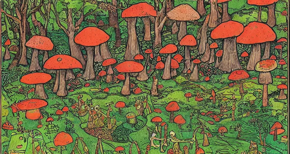 Image similar to A tribal village in a forest of giant mushrooms, by Ivan Bilibin,