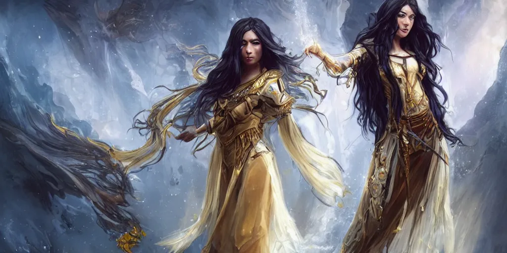 Prompt: a young beautiful priestess with long black hair weavering golden string of magic, barroque painting, ultra realistic. cinematic, dynamic. magic the gathering style. epic fantasy, insanely detailed, 4k, rpg character reference. gourgeous.