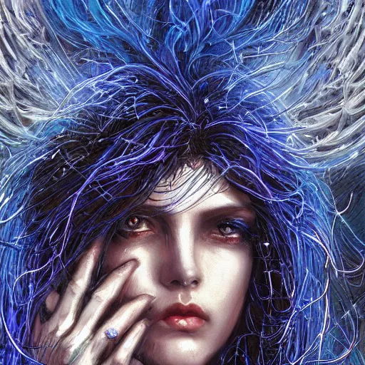 Image similar to masterpiece goddess of sorrow portrait, 3 0 years woman, melancholic face, long hair digital painting by louis royo and julie bell, dark tenebrous blue background, cinematic light, aura effect, some chaotic sparkles, wind, unreal engine, artstation, deviantart, pinterest