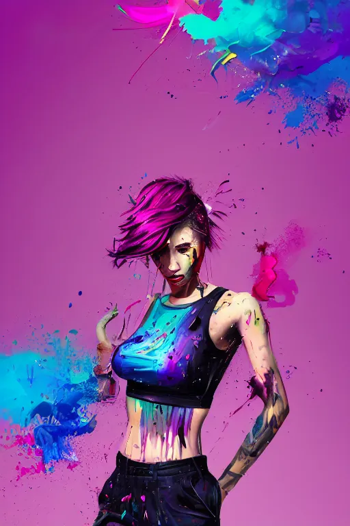 Image similar to a award winning half body porttrait of a beautiful woman in a croptop and cargo pants with ombre purple pink teal hairstyle with head in motion and hair flying, paint splashes, splatter, outrun, vaporware, shaded flat illustration, digital art, trending on artstation, highly detailed, fine detail, intricate