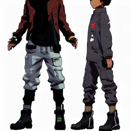 Prompt: huey freeman from boondocks in an acronym techwear outfit, anime, character design, in the style of akihiko yoshida, high definition, fullbody, artstation, 4 k