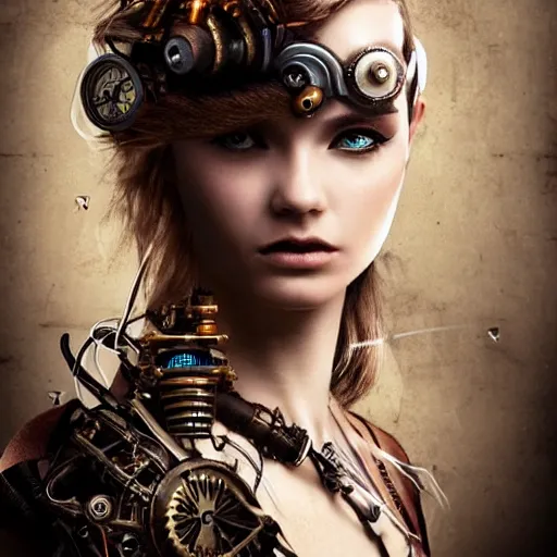 Image similar to beautiful half human half steampunk cyborg portrait, steampunk, extremely detailed, lush, gears, pretty, cinematic lighting, epic, intense, long hair, brown eyes, cool,