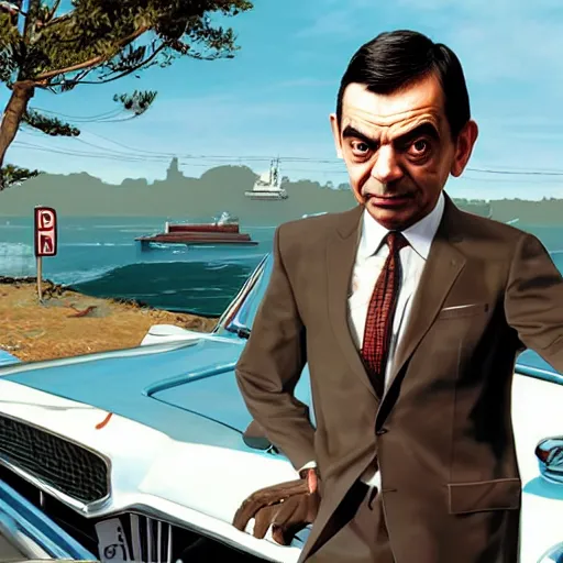 Prompt: Mr Bean in GTA V, Cover art by Stephen Bliss, Boxart, loading screen