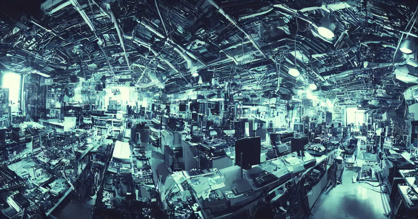 Image similar to Realistic wide photo of a room interior of hardware Engineer and scientist from future, full of various electronic hardware components, devices and instruments, incredible sharp details, light contrast, dramatic dark atmosphere, bright vivid colours, reclections, metal speculars, Digital Domain, ILM, journalistic photography