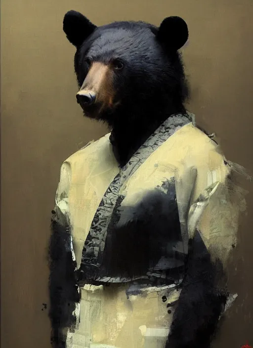 Prompt: portrait painting of anthropomorphic black bear in traditional japanese clothes by jeremy mann, only one head single portrait