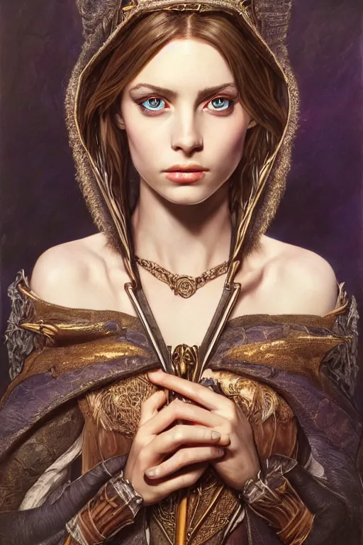 Prompt: high quality extremely detailed portrait of a young gorgeous female warlock looking away from the camera, detailed eyes, sparkle in eyes, no hands visible, fantasy, d & d, intricate, painting by lucian freud and mark brooks, hd