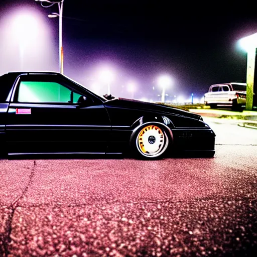 Image similar to a black 1990 Ford thunderbird sc at illegal car meet, Chiba prefecture, city midnight mist lights, cinematic color, vaporwave, highly detailed wheels, 50MM