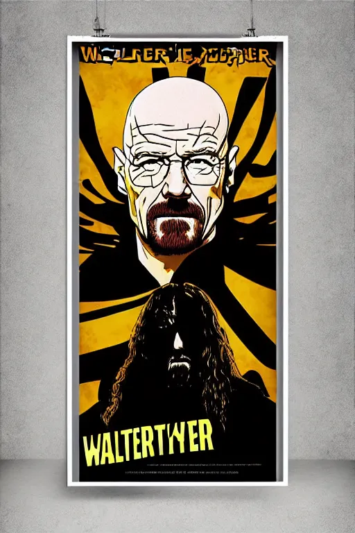 Image similar to poster of walter white, in the style of megadeth's album covers