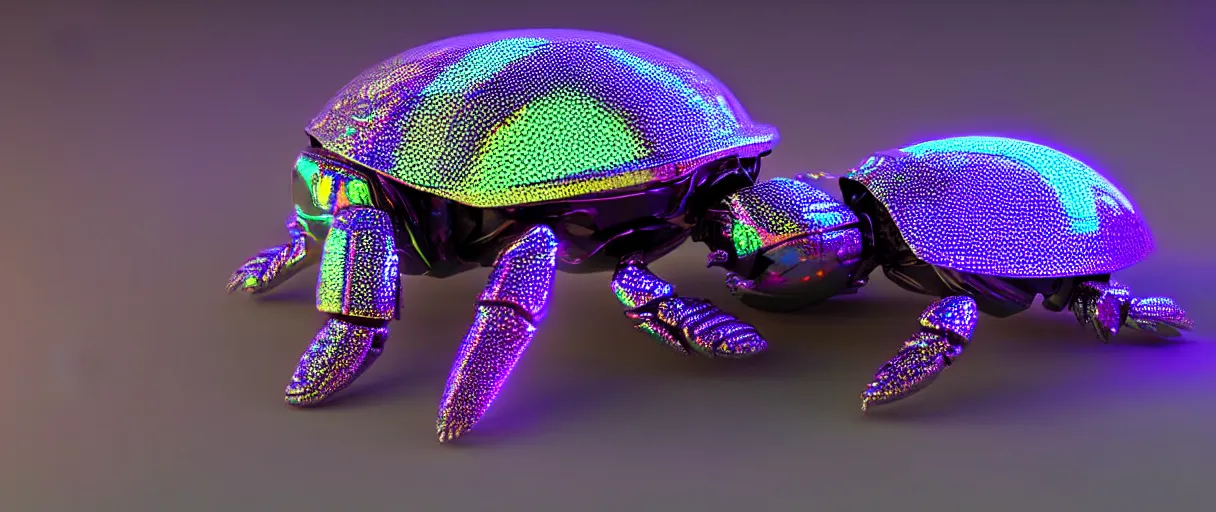 Prompt: highly detailed 3d render holographic cyborg scarab! jeweled gorgeous dramatic neon lighting octane low angle hd 8k sharp shallow depth of field