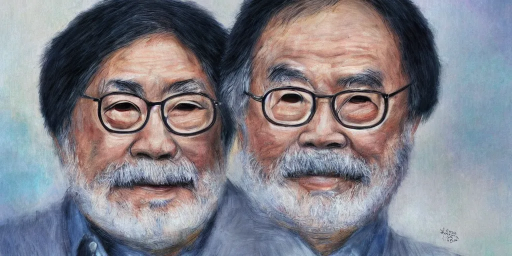 Image similar to impressionistic portrait of hayao miyazaki, extremely intricate, hyper detailed, hd, masterpiece