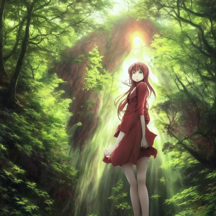 Image similar to Nishimiya Shouko, Schwi Dola, Albedo from Overlord, Mayer Re-l, Japan Lush Forest, official anime key media, close up of Iwakura Lain, LSD Dream Emulator, paranoiascape ps1, official anime key media, painting by Vladimir Volegov, beksinski and dan mumford, giygas, technological rings, johfra bosschart, Leviathan awakening from Japan in a Radially Symmetric Alien Megastructure turbulent bismuth glitchart, Atmospheric Cinematic Environmental & Architectural Design Concept Art by Tom Bagshaw Jana Schirmer Jared Exposure to Cyannic Energy, Darksouls Concept art by Finnian Macmanus