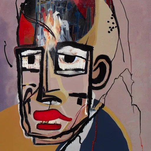 Prompt: a painting of a man set on fire by george condo