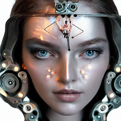 Prompt: beautiful centered fine art photo portrait of romantic beautiful girl with solarpunk robotic humanoid metal mechanical parts with led lights, pudica pose, photorealistic, white background, highly detailed and intricate, soft box lighting, hdr 8 k