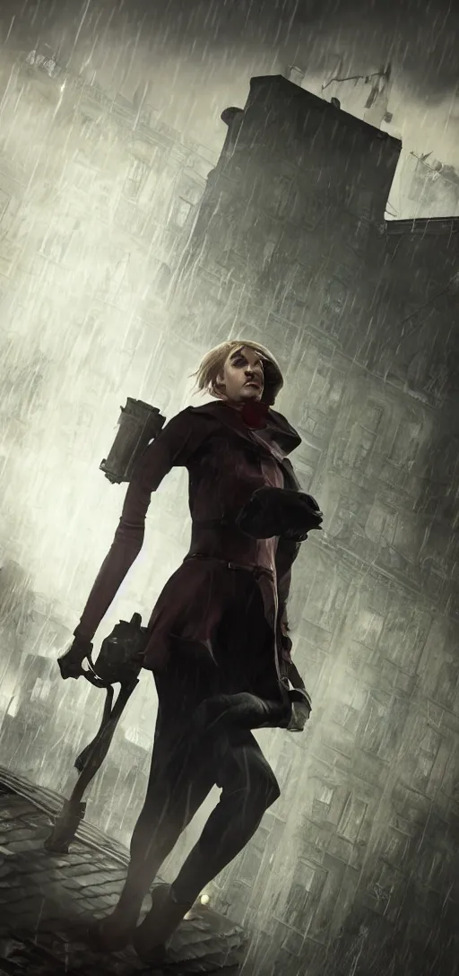 Image similar to annie leonhart as emily from dishonored in dunwall city running on a roof, redshift render, cinematic lighting, rainy weather, melancholy atmosphere, dunwall city, volumetric light, octane render, dishonored game, dishonored 1, gothic architecture, realistic reflections, octane render 8 k