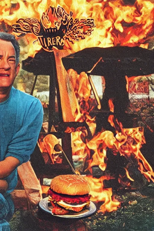 Prompt: tom hanks grilling burgers tarot card, turbografx