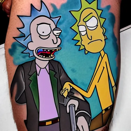 Prompt: rick and morty as weekend at bernies, pinup style tattoo, photograph